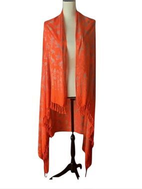 Orange Gold Dragonfly Print Fringed Scarf Wrap